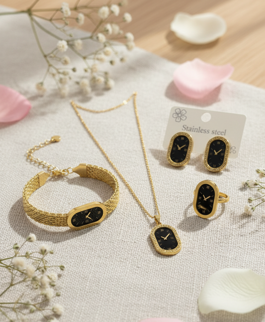 Luxury Black Dial Gold-Plated Jewelry Set – 4 Pcs