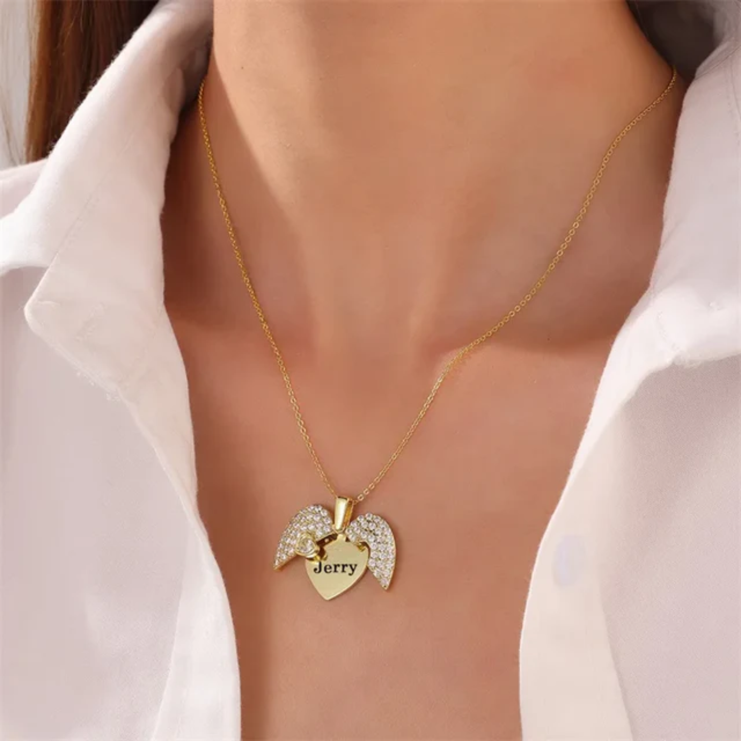 Golden Heart Wings – Personalized Name & Date Angel Necklace