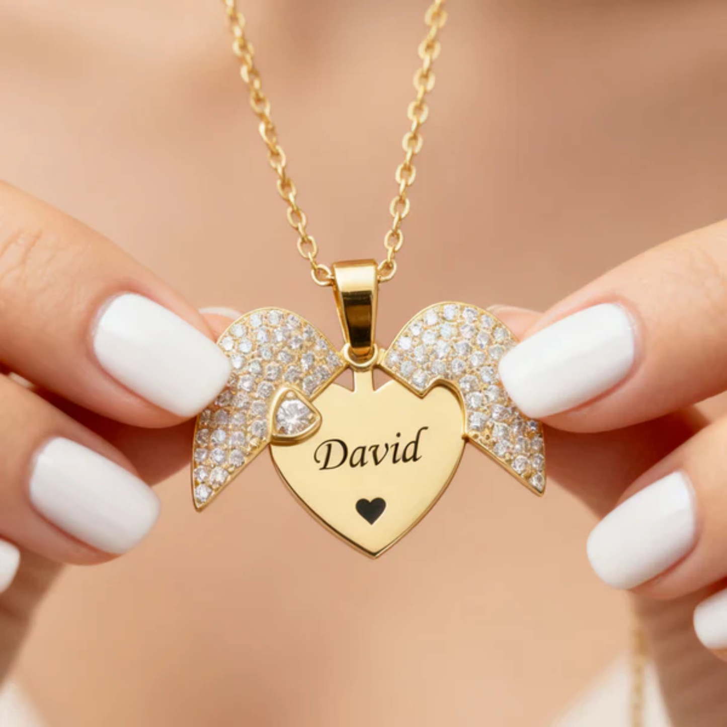 Golden Heart Wings – Personalized Name & Date Angel Necklace