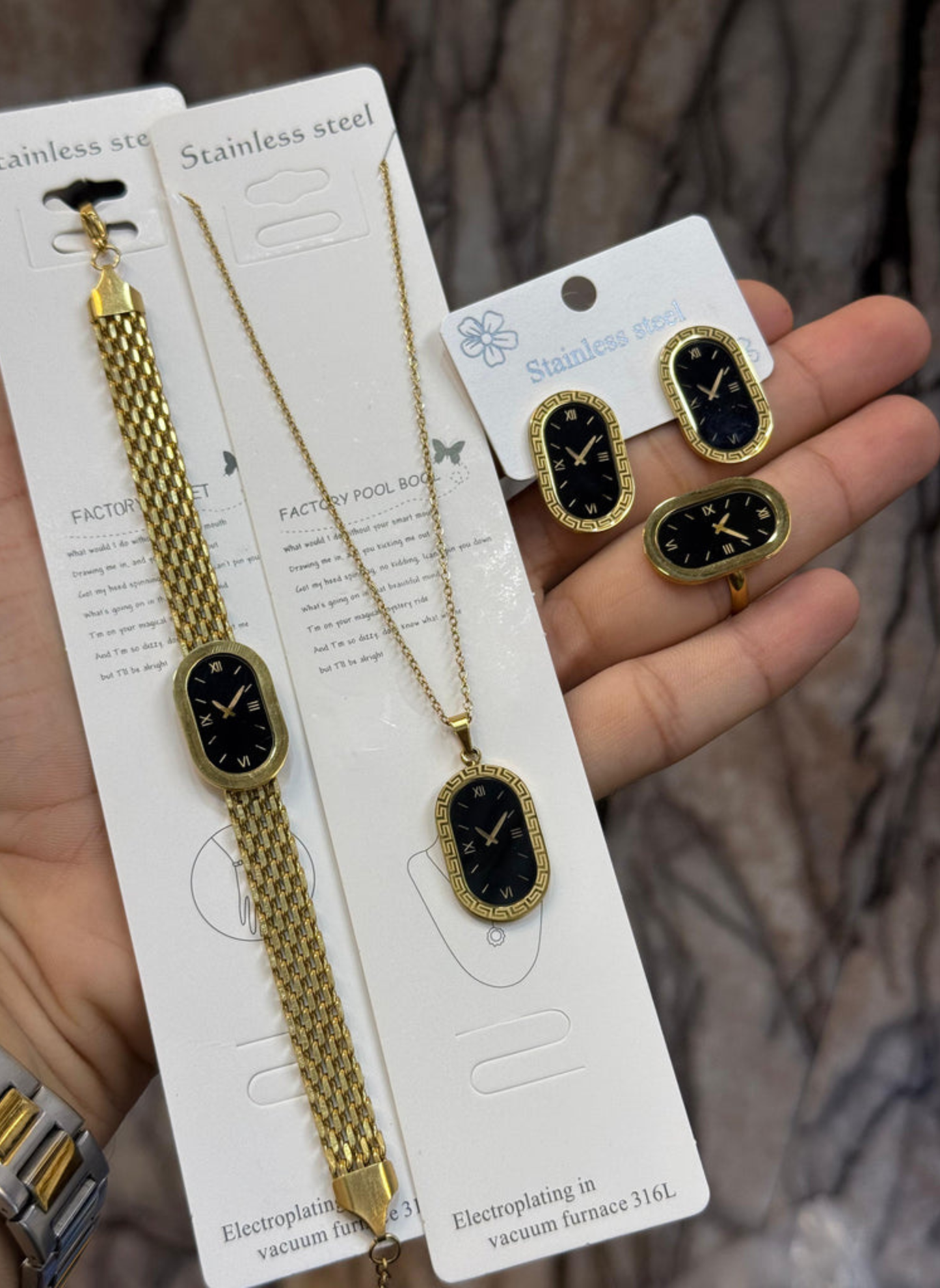 Luxury Black Dial Gold-Plated Jewelry Set – 4 Pcs