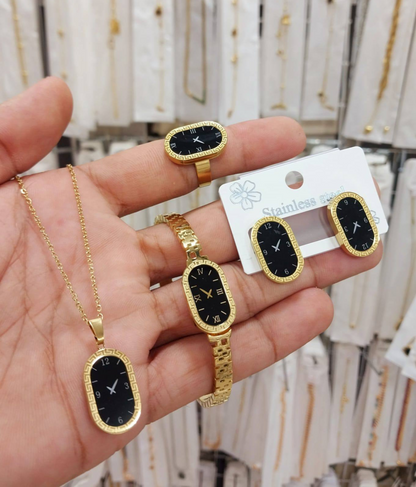 Luxury Black Dial Gold-Plated Jewelry Set – 4 Pcs